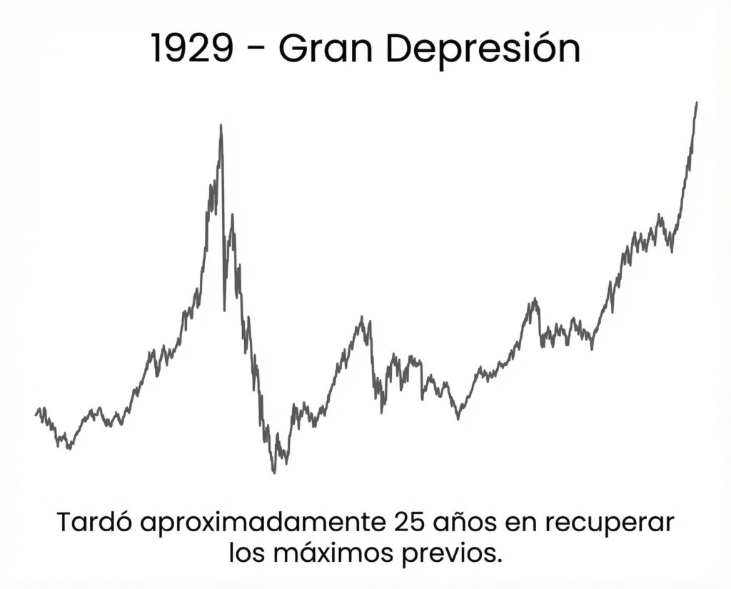 Gráfico del mercado tras la crisis de 1929 mostrando una caída profunda y una recuperación lenta que tardó aproximadamente 25 años.