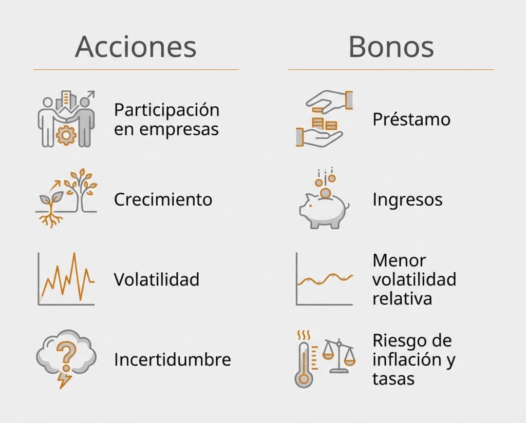 Comparación conceptual entre acciones y bonos mostrando sus diferencias de riesgo, crecimiento e ingresos