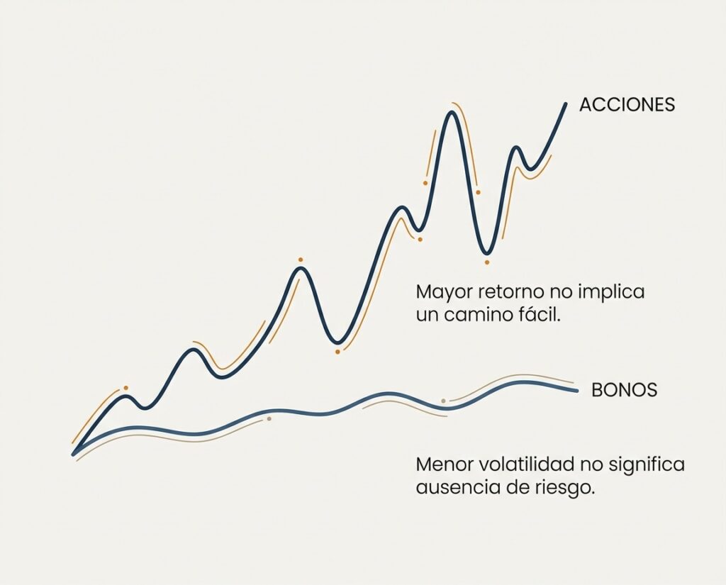 Comparación conceptual del recorrido de acciones y bonos a largo plazo con distintos niveles de volatilidad
