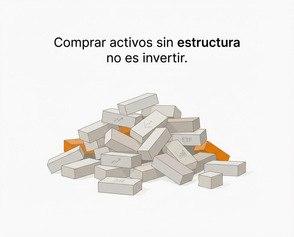 Ilustración conceptual de ladrillos financieros desordenados que representan invertir sin estructura ni plan de cartera