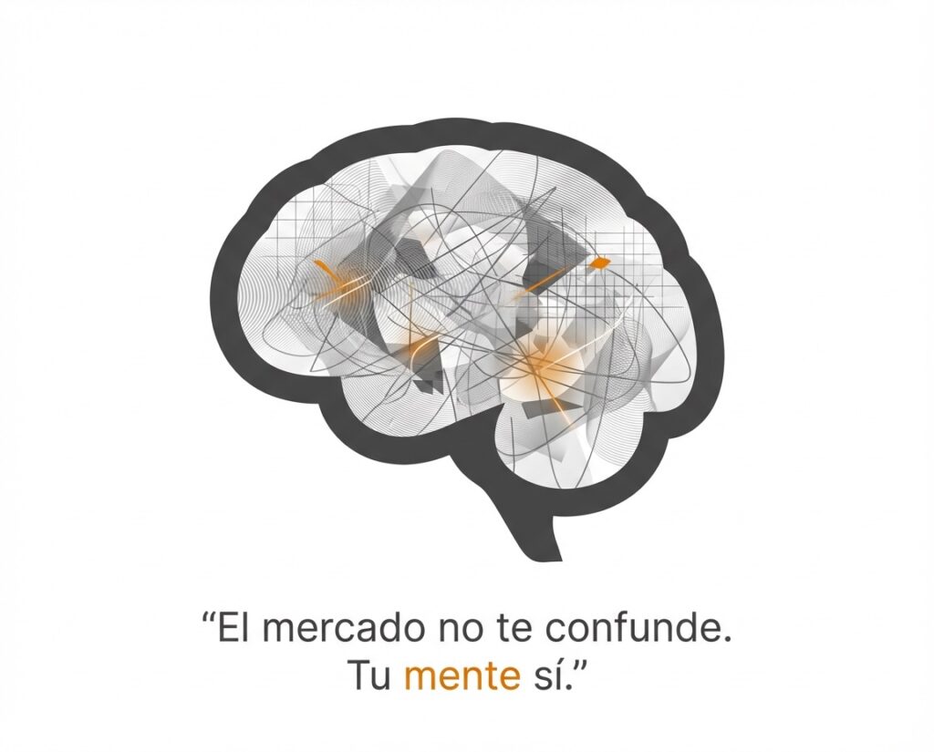 Ilustración conceptual de un cerebro abstracto con caos interno que representa cómo los sesgos cognitivos influyen en las decisiones de inversión.