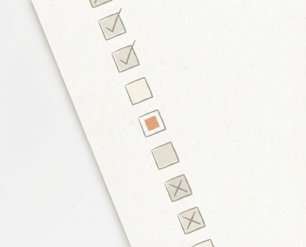 Checklist incompleto e incoherente como metáfora de una cartera sin marco claro.