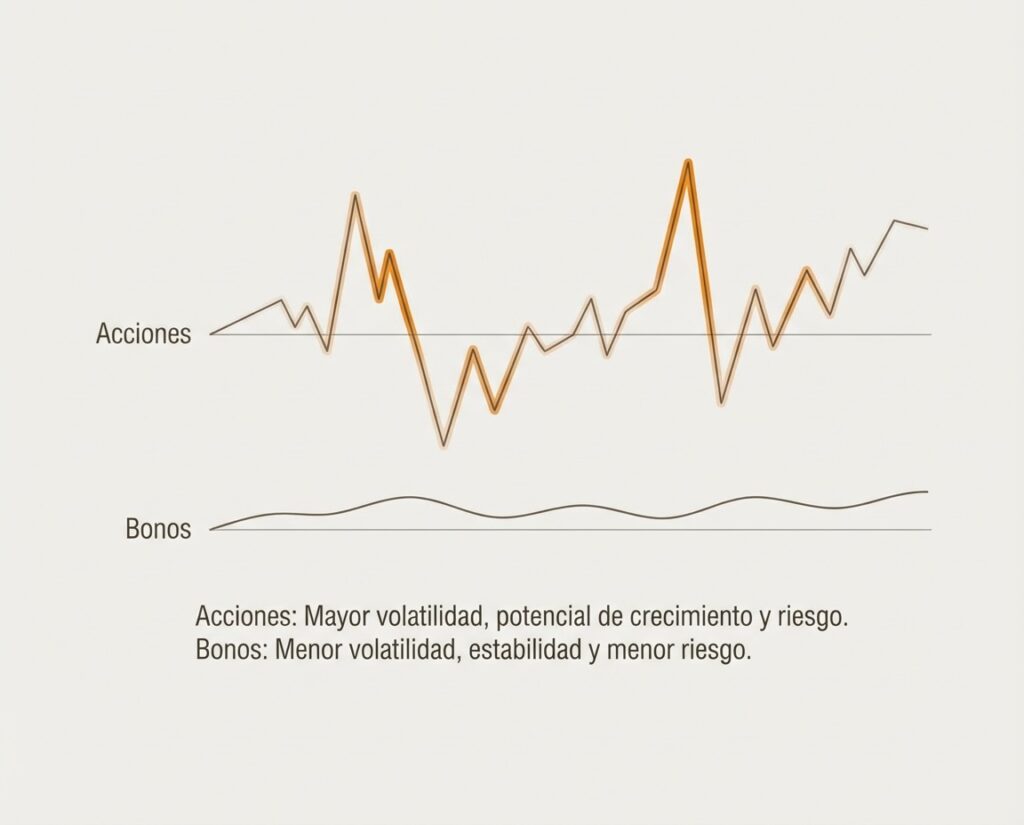 Ejemplo visual de la volatilidad de las acciones frente al comportamiento más estable de los bonos