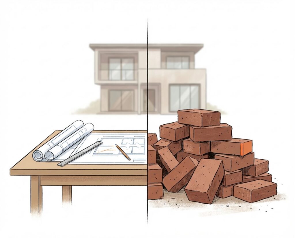 Planos de una casa frente a ladrillos apilados sin orden como metáfora de invertir con y sin estrategia.