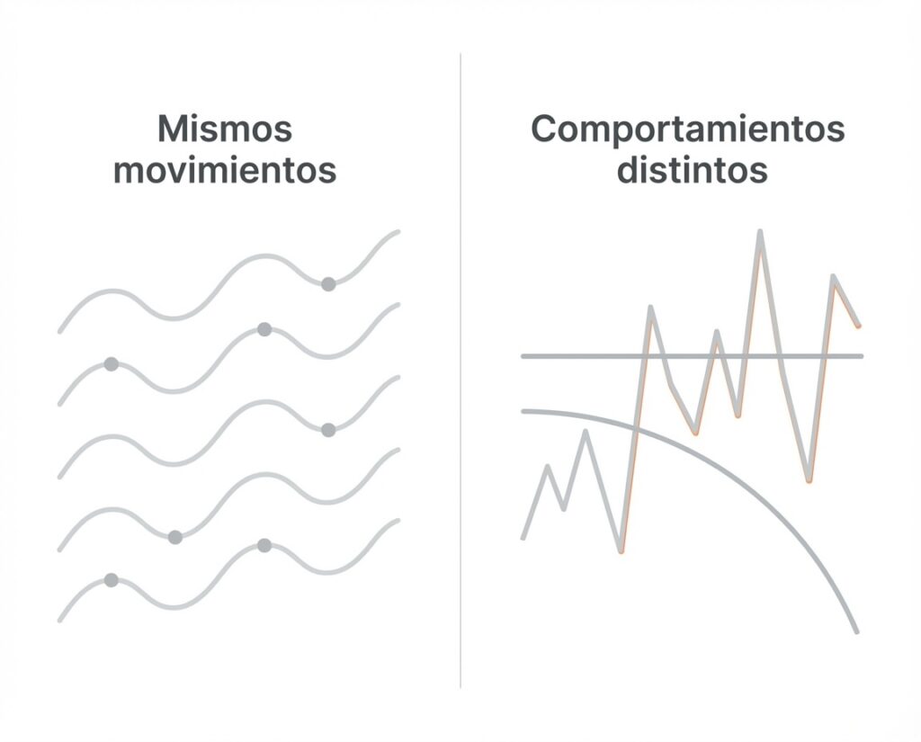 Ilustración comparativa entre muchos activos similares y pocos activos realmente diversificados por riesgo