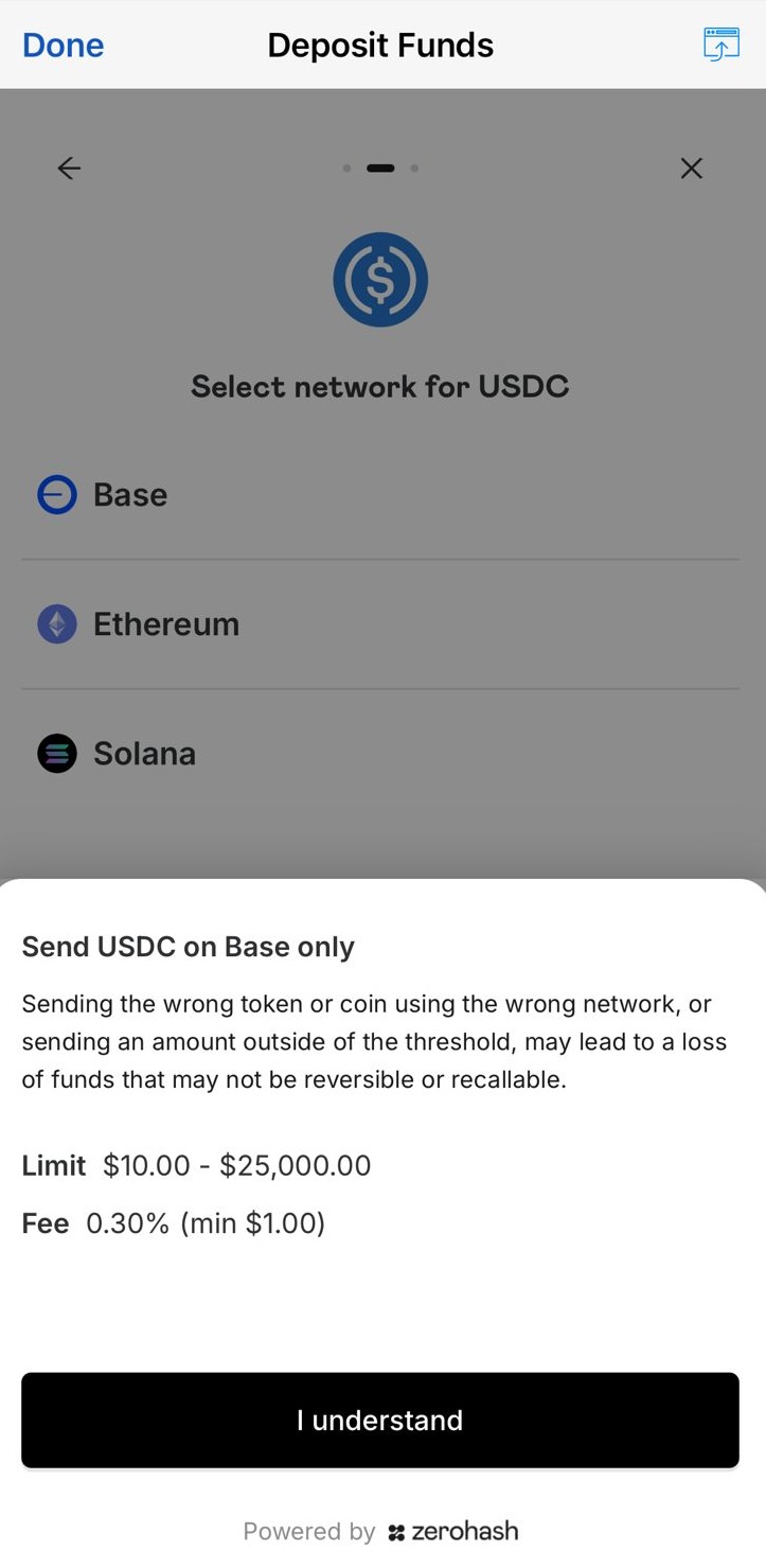 Interfaz de Interactive Brokers para seleccionar la red al enviar USDC, mostrando Base, Ethereum y Solana como opciones compatibles.