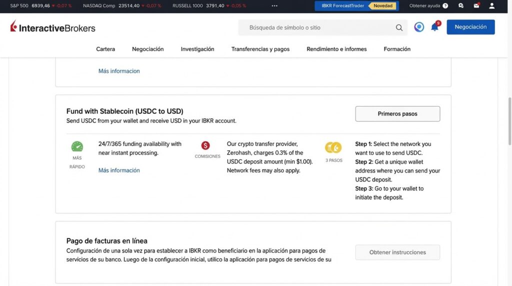 Interactive Brokers permite fondear la cuenta con USDC y convertirlo automáticamente a USD