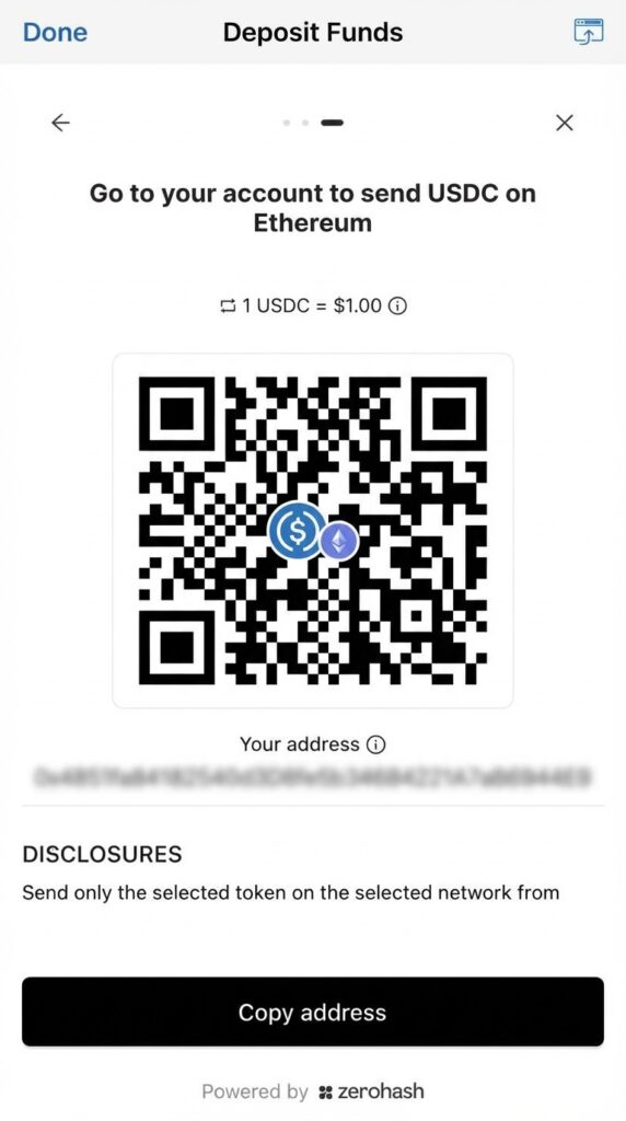 Pantalla de Interactive Brokers mostrando la dirección y código QR para enviar USDC en la red Ethereum, con advertencia de usar el token y la red correctos.