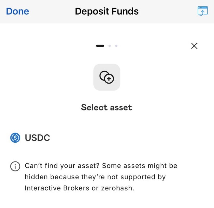 Pantalla de Interactive Brokers donde se selecciona USDC como activo para depositar.