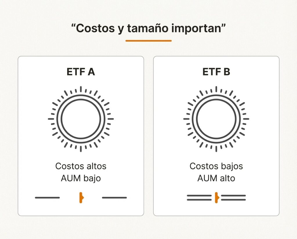 Comparación conceptual entre dos ETFs similares con diferencias en costos, liquidez y tamaño del fondo