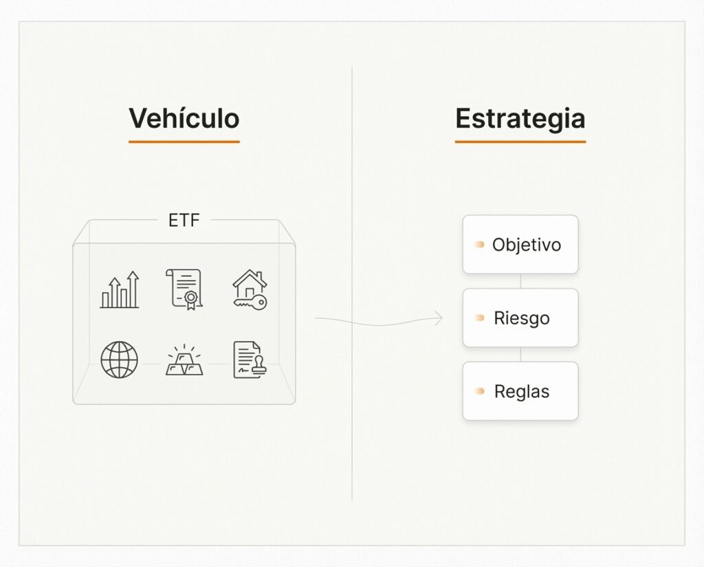 Comparación visual entre un ETF como vehículo de inversión y una estrategia basada en objetivos, riesgo y reglas