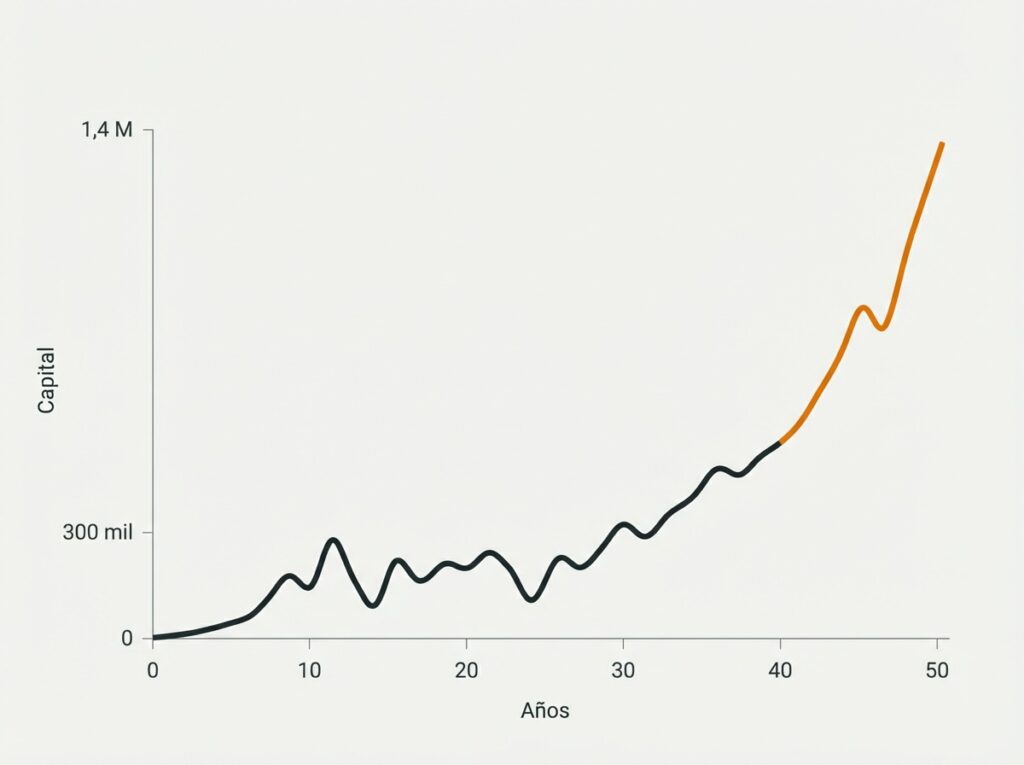 Gráfico de inversión a largo plazo mostrando crecimiento lento al inicio y aceleración del capital con el paso de los años
