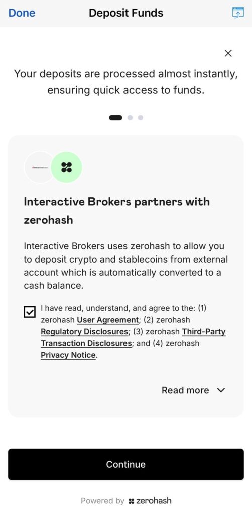 Captura de Interactive Brokers mostrando la asociación con Zerohash para habilitar depósitos de cripto y stablecoins.