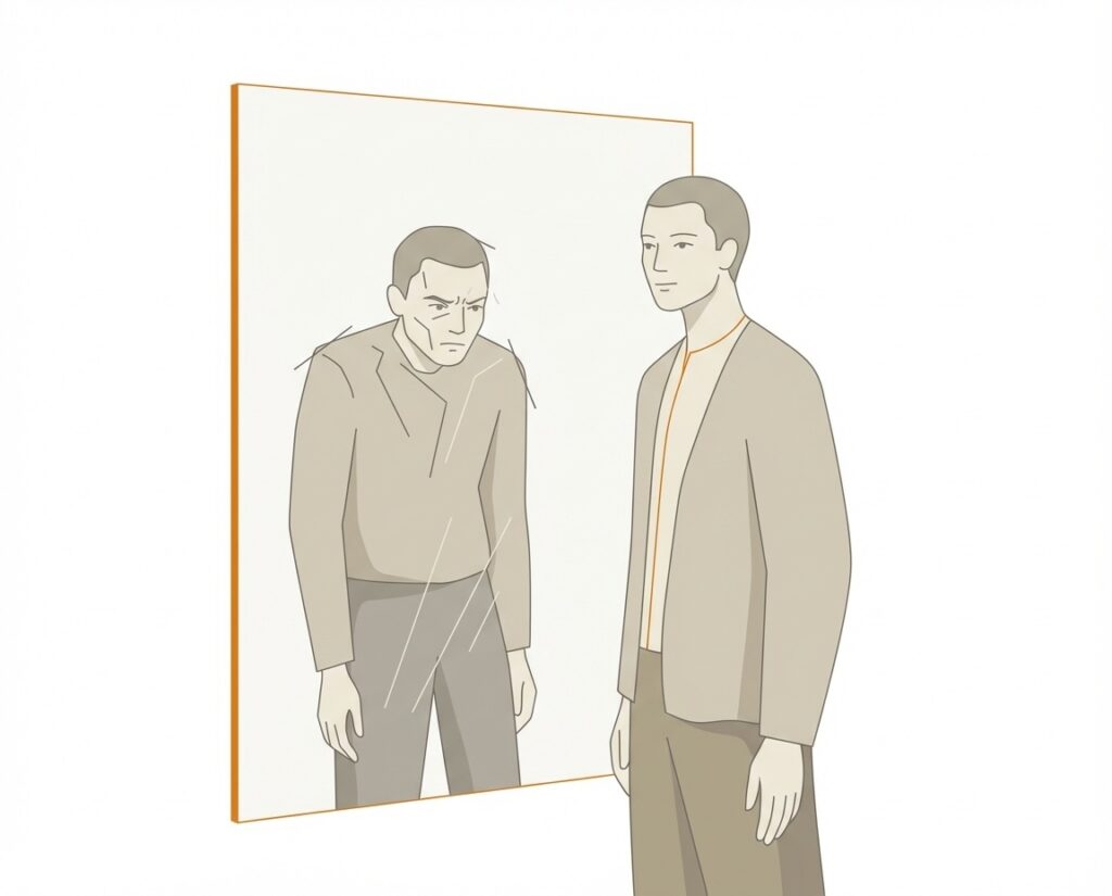 Ilustración conceptual de una persona frente a un espejo que refleja el sesgo de atribución y la ilusión de control al invertir.