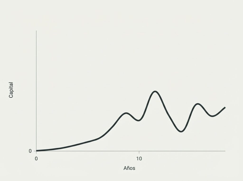 Gráfico de inversión a largo plazo durante los primeros años mostrando crecimiento lento del capital
