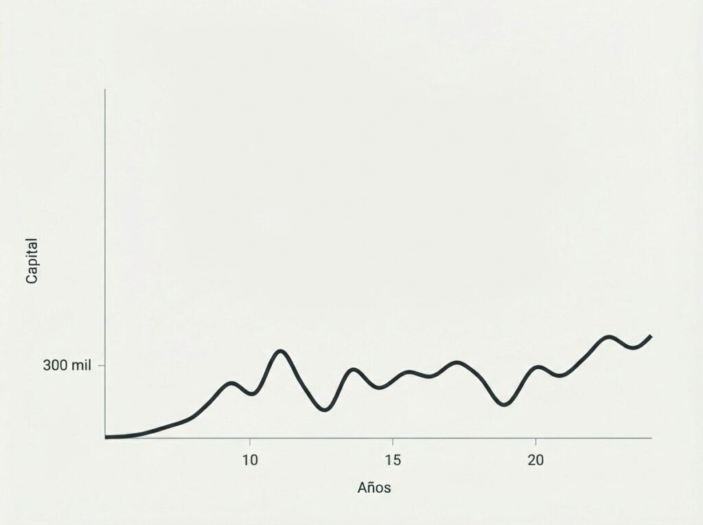Gráfico de inversión a largo plazo mostrando cómo los rendimientos comienzan a acelerar el crecimiento del capital