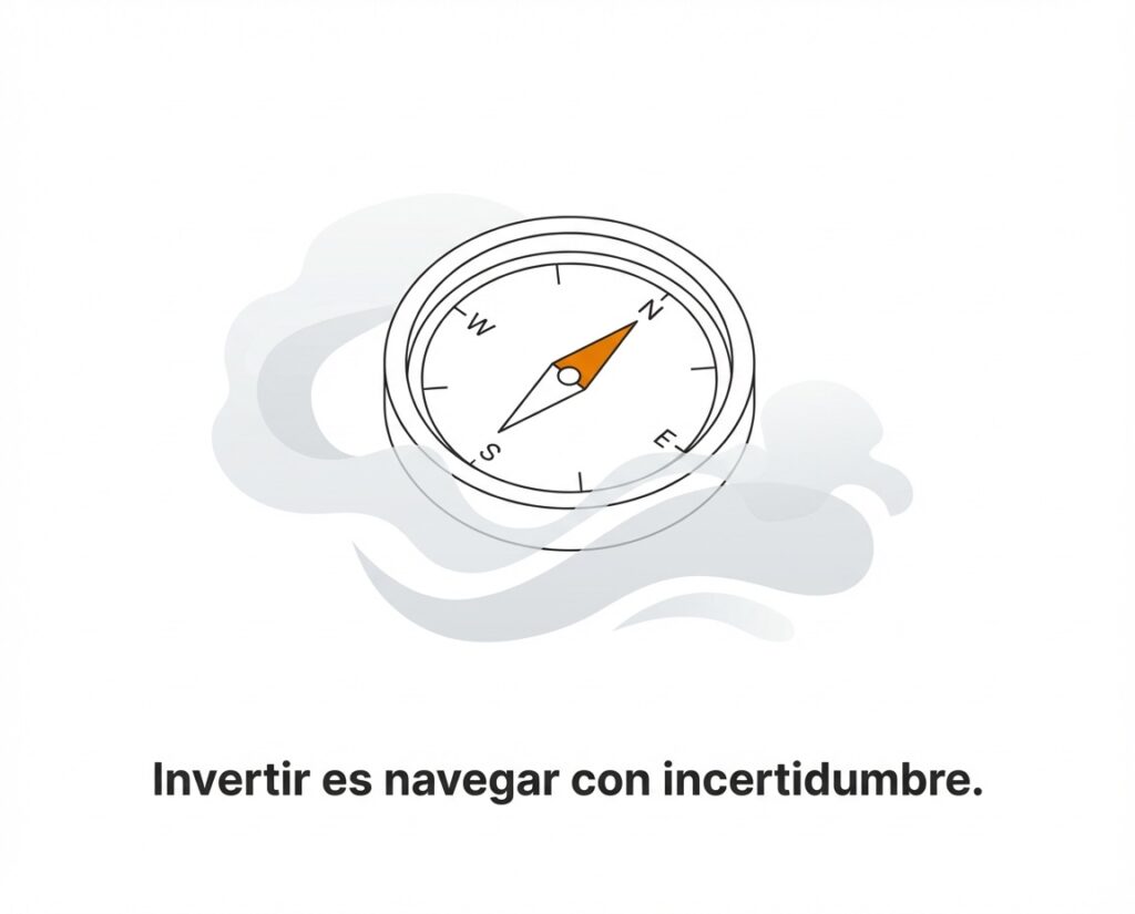 Ilustración editorial de una brújula entre niebla representando la incertidumbre y los riesgos al invertir.