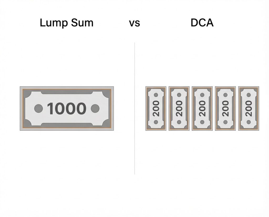 Comparación visual entre invertir 1000 de una sola vez (lump sum) o dividirlo en cinco aportes de 200 (DCA).
