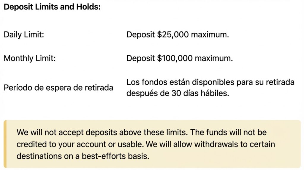 Límites de depósito en Interactive Brokers para USDC: máximo 25.000 USD diarios, 100.000 USD mensuales y período de retención de 30 días hábiles