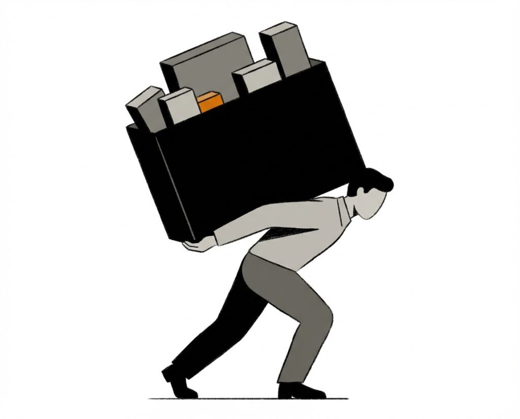 Ilustración de inversor cargando una cartera demasiado pesada que representa un perfil de riesgo mal definido