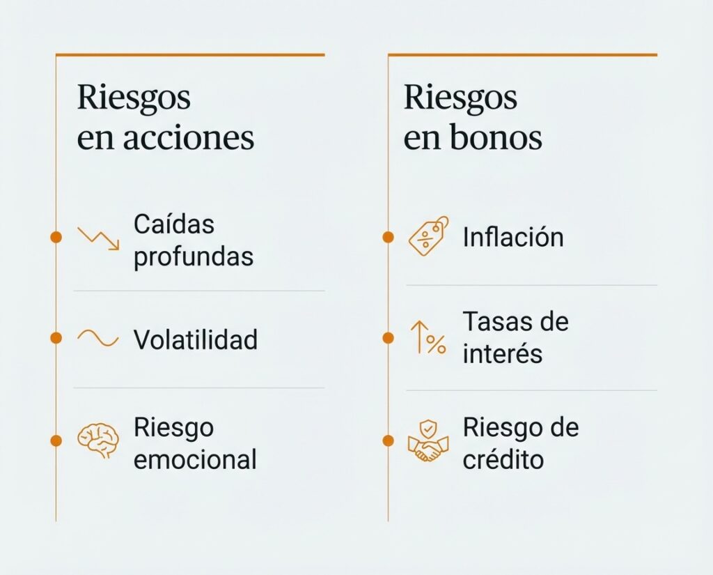 Principales riesgos al invertir en acciones y bonos explicados de forma visual y comparativa