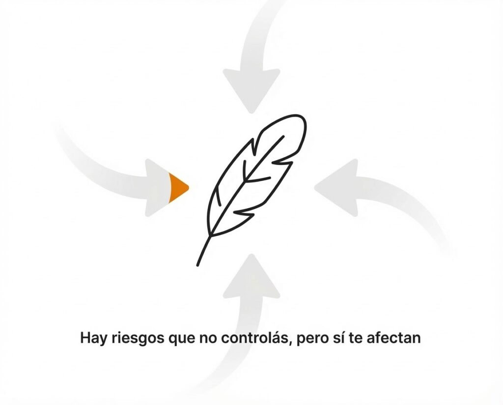 Ilustración de una pluma rodeada por flechas que simbolizan riesgos económicos y macro que afectan al inversor.