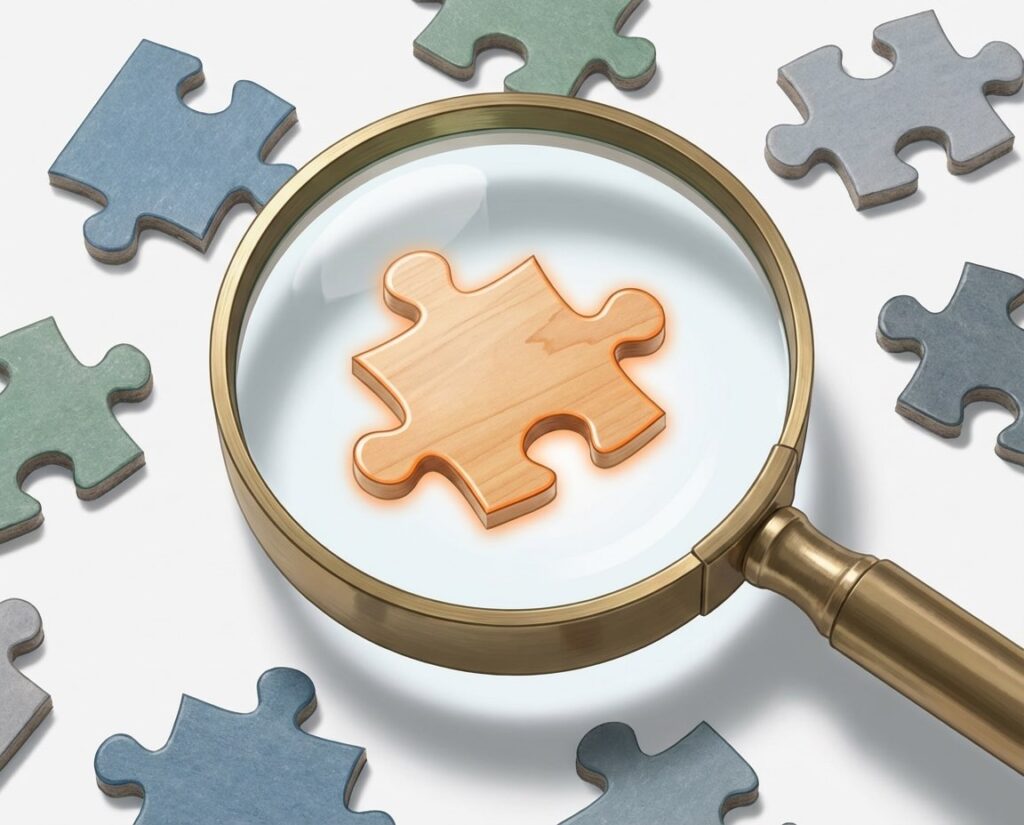 Lupa enfocando una empresa mientras el resto de las piezas del portafolio no encajan entre sí.