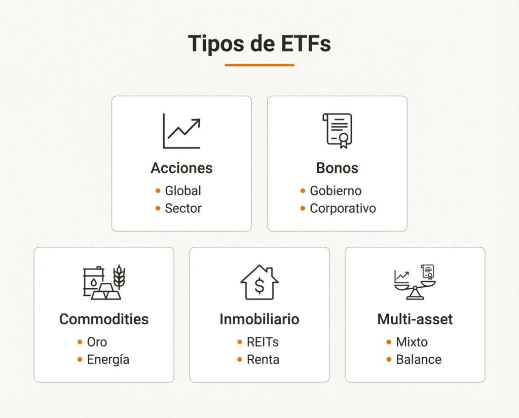 Infografía que muestra los principales tipos de ETFs: acciones, bonos, commodities, inmobiliario y multi-asset