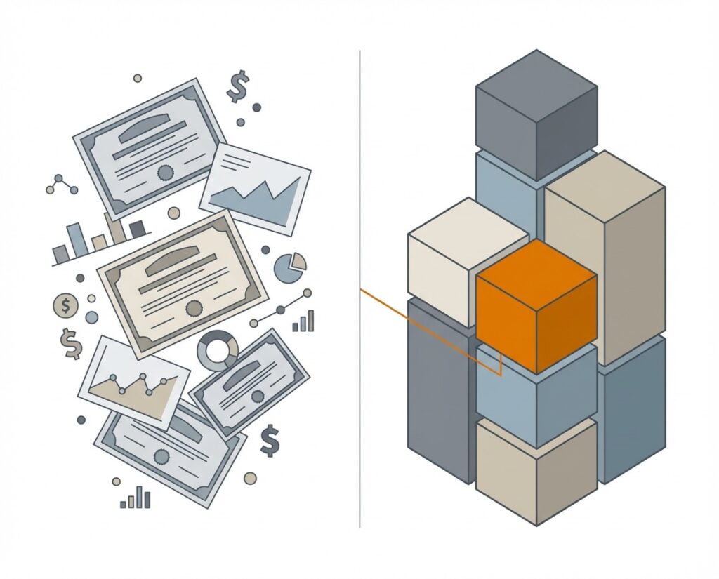 Comparación visual entre selección de activos desordenada y asignación de activos estructurada en una cartera de inversión