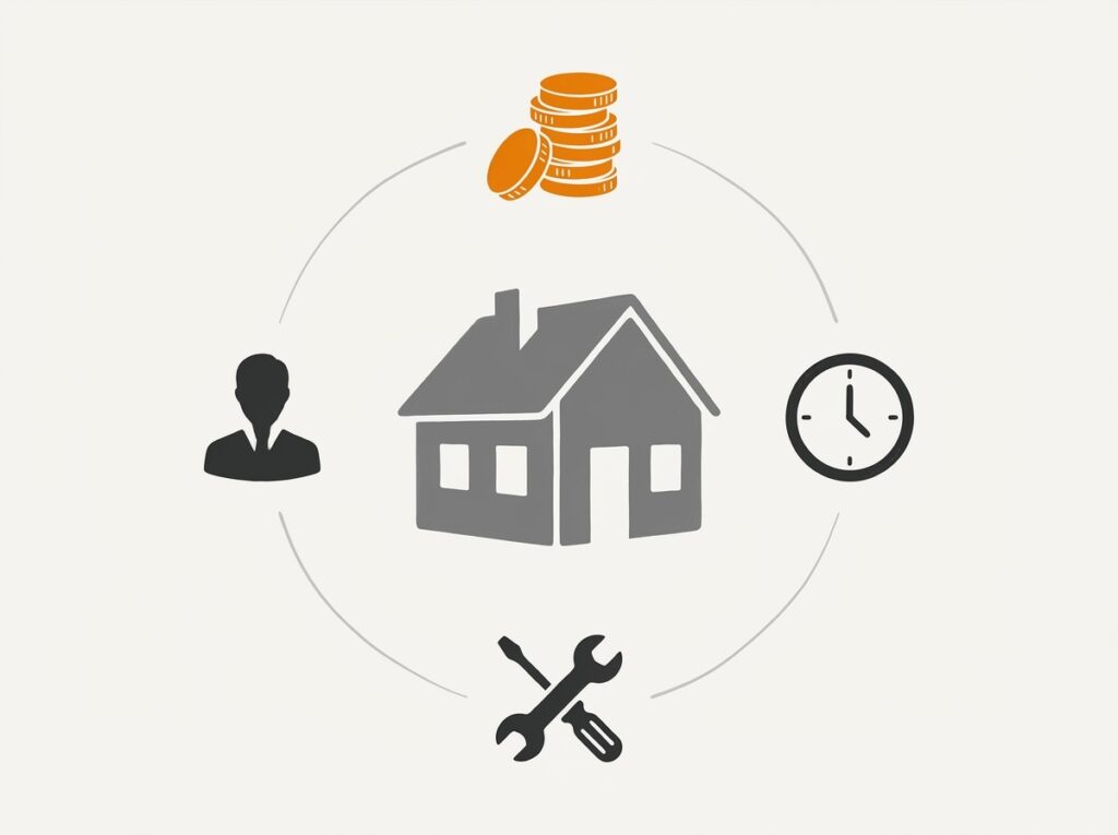 Representación visual de los problemas de invertir en propiedades como gestión, costos y tiempo